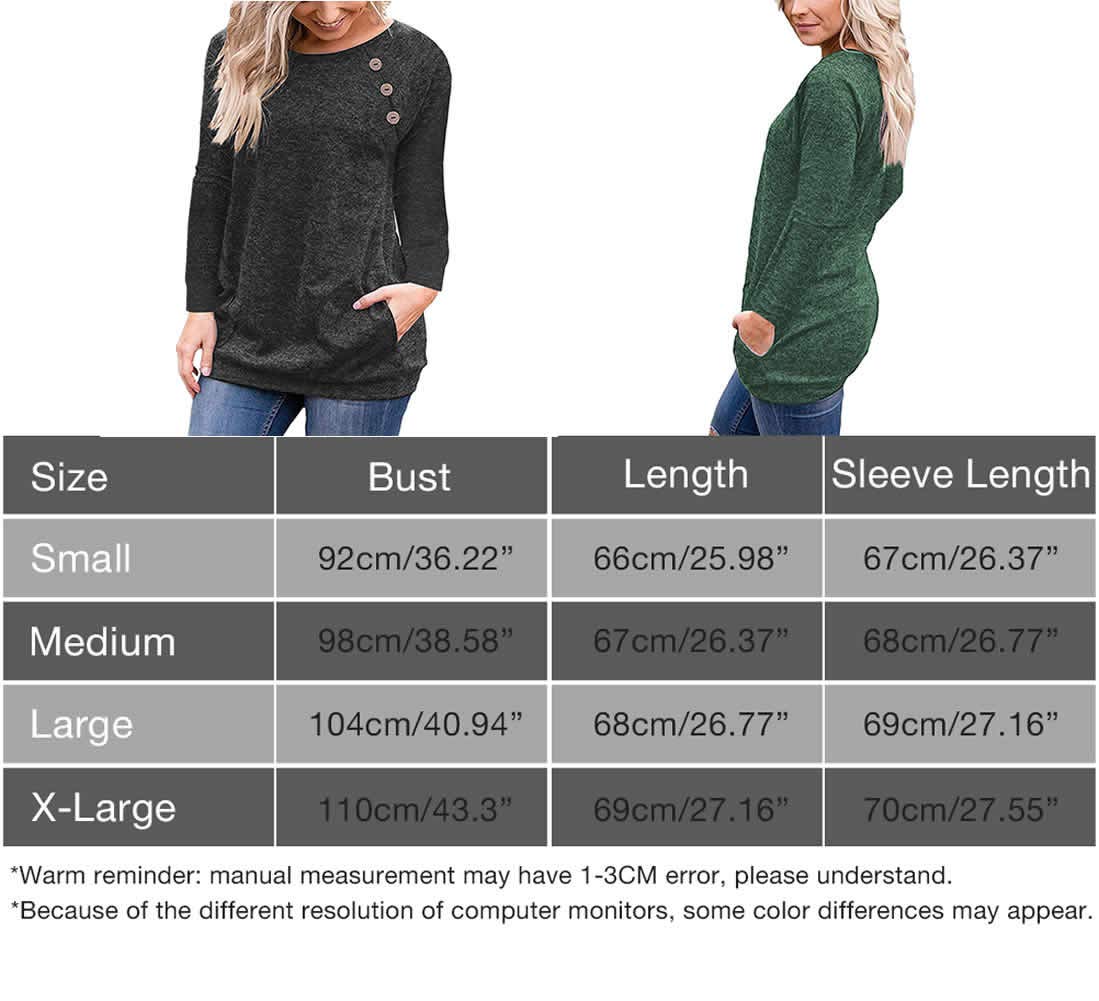 Women\'s Long Sleeve T Shirt Crew Neck Button Casual Blouses Tops with Pocket Black, 3XL