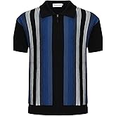OXKNIT Men's Short Sleeve Knit Retro Polo Shirt, 1960s Mod Style Vintage Zip Stripe Golf Polo T Shirts