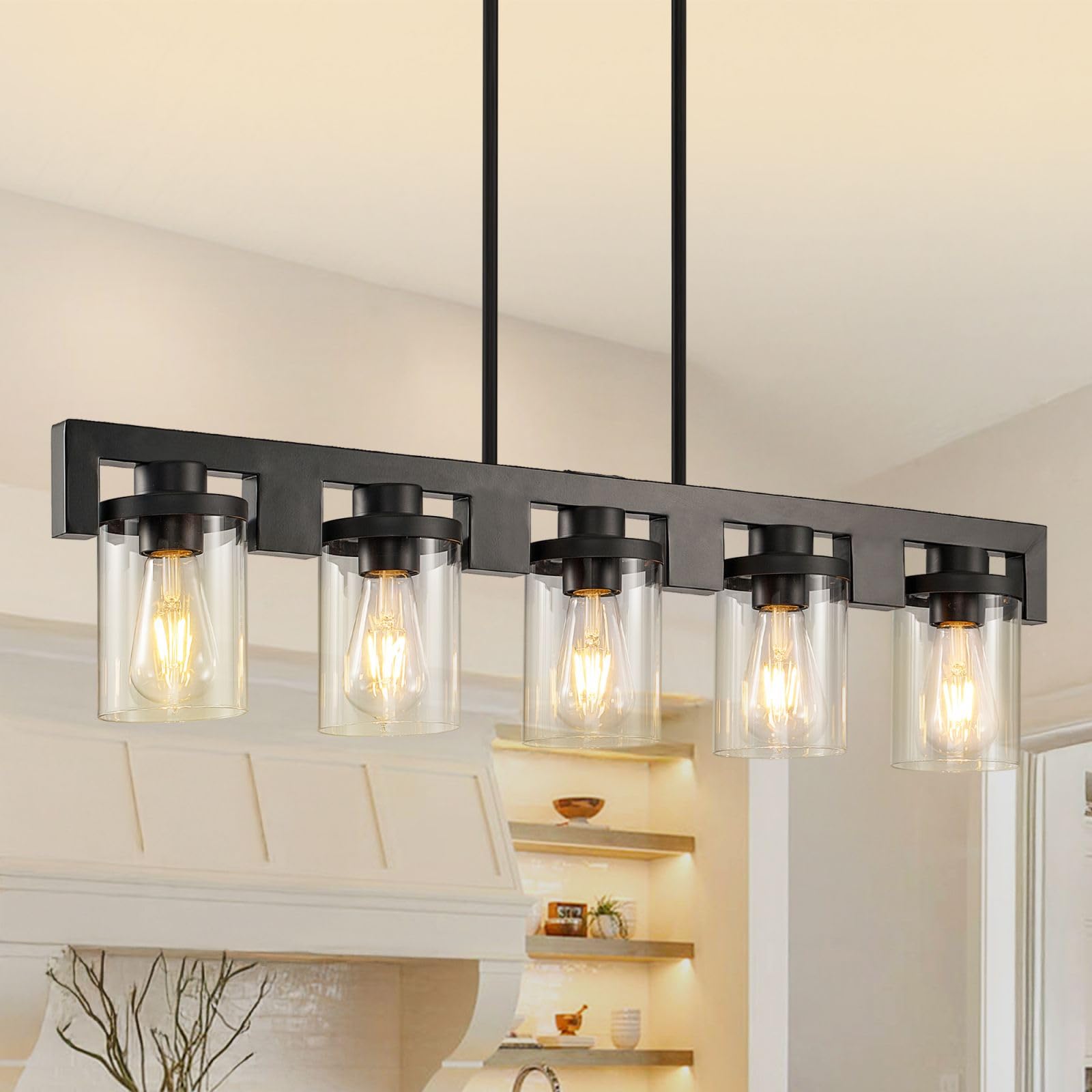 Photo 1 of ** FACTORY SEALED */***  WJShome Dining Room Light Fixture Over Table, 5-Light Black Kitchen Island Lighting, Farmhouse Chandeliers for Dining Room, Rustic Linear Chandelier, Ceiling Pendant Light Fixtures with Clear Glass