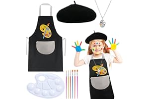 Matiniy 6 Pcs Artist Costume Accessories Set Include Black Beret Hat,Colorful Footprint Apron,Painting Brush Drawing Board