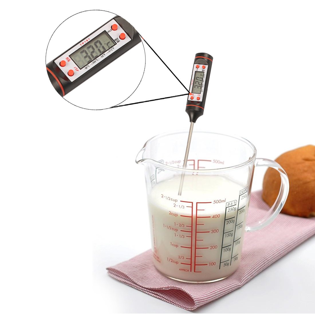 Termómetro Digital de Cocina, Termómetro de Comida Reacción Rápida con Pantalla LCD Sonda Larga Apagado Automático para Alimentación, Carne, BBQ, Horno, Líquido, Comida Bebé, Bebida, etc