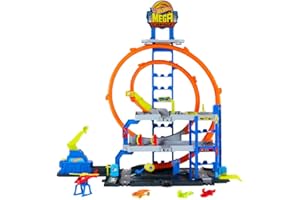Hot Wheels Toy Car Track Set with Die-Cast Car & Helicopter, 2 Loops, Storage for 36 1:64 Scale Vehicles, Speed Snap Adapters, Mega Loop Garage