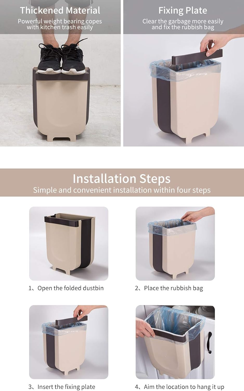Foldable Trash Bin Hanging Waste Bin Under Kitchen Sink,Wall Trash Can Plastic Wastebasket Over Cabinet Door with Top Ring to Fix Garbage Bag (Gray): Home & Kitchen