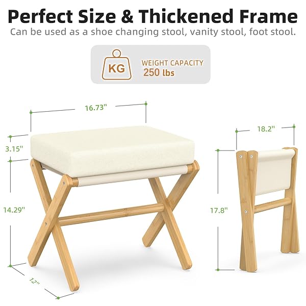 BAMBOOHOMIE FOLDABLE FOOT STOOL OTTOMAN, MODERN FOOT REST WITH BAMBOO X LEGS & THICK FOAM CUSHION, FOLDING FOOT STOOLS SMALL PADDED FOR BEDROOM LIVING ROOM, FOOTSTOOL FOR CHAIR COUCH (NATURAL – BEIGE)