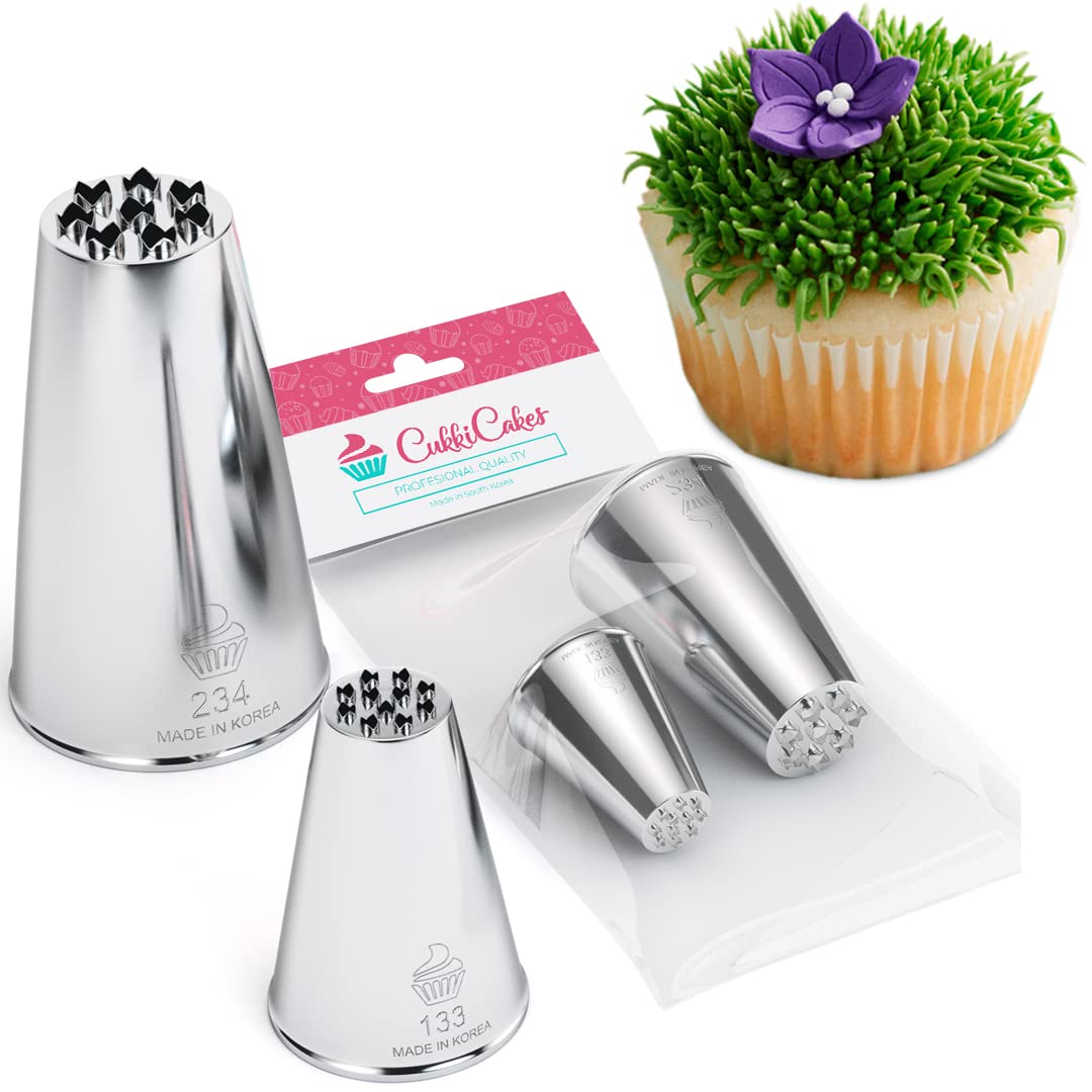 CukkiCakes 2pcs Grass Piping Nozzles Set (133 and 234) Icing Nozzles, Piping Tips for Decorating Cakes, Cupcakes - Compatible with Piping Bags - Made in Korea