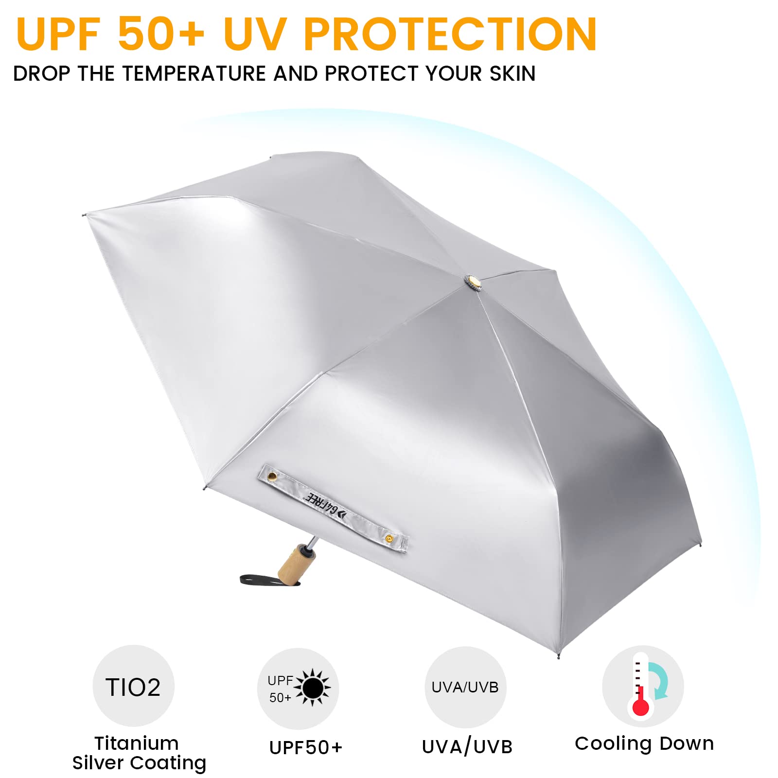 G4Free UPF 50+ UV Protection Travel Umbrella with Wooden Handle, 42 Inch Lightweight Sun Rain Folding Umbrellas Auto Open Close (Lake Blue)