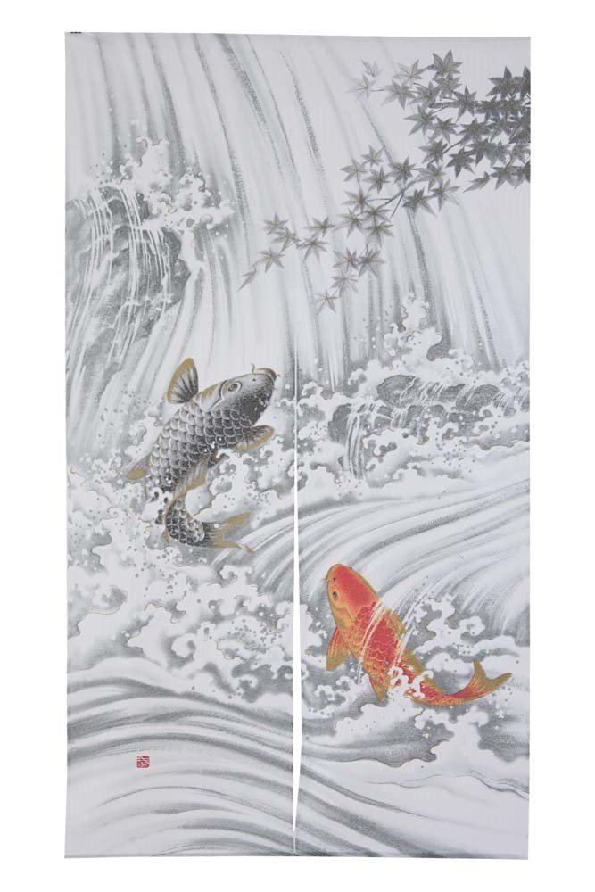 Narumi Made In Japan Noren Curtain Tapestry Carp Swimming Up a Waterfall by