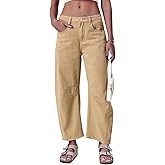 GREAIDEA Mid Rise Barrel Jeans for Women Wide Leg Mid Waist Cropped Cotton Pants Y2k Baggy Boyfriend Jeans with Pockets