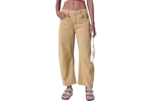 GREAIDEA Mid Rise Barrel Jeans for Women Wide Leg Mid Waist Cropped Denim Pants Y2k Baggy Boyfriend Jeans with Pockets