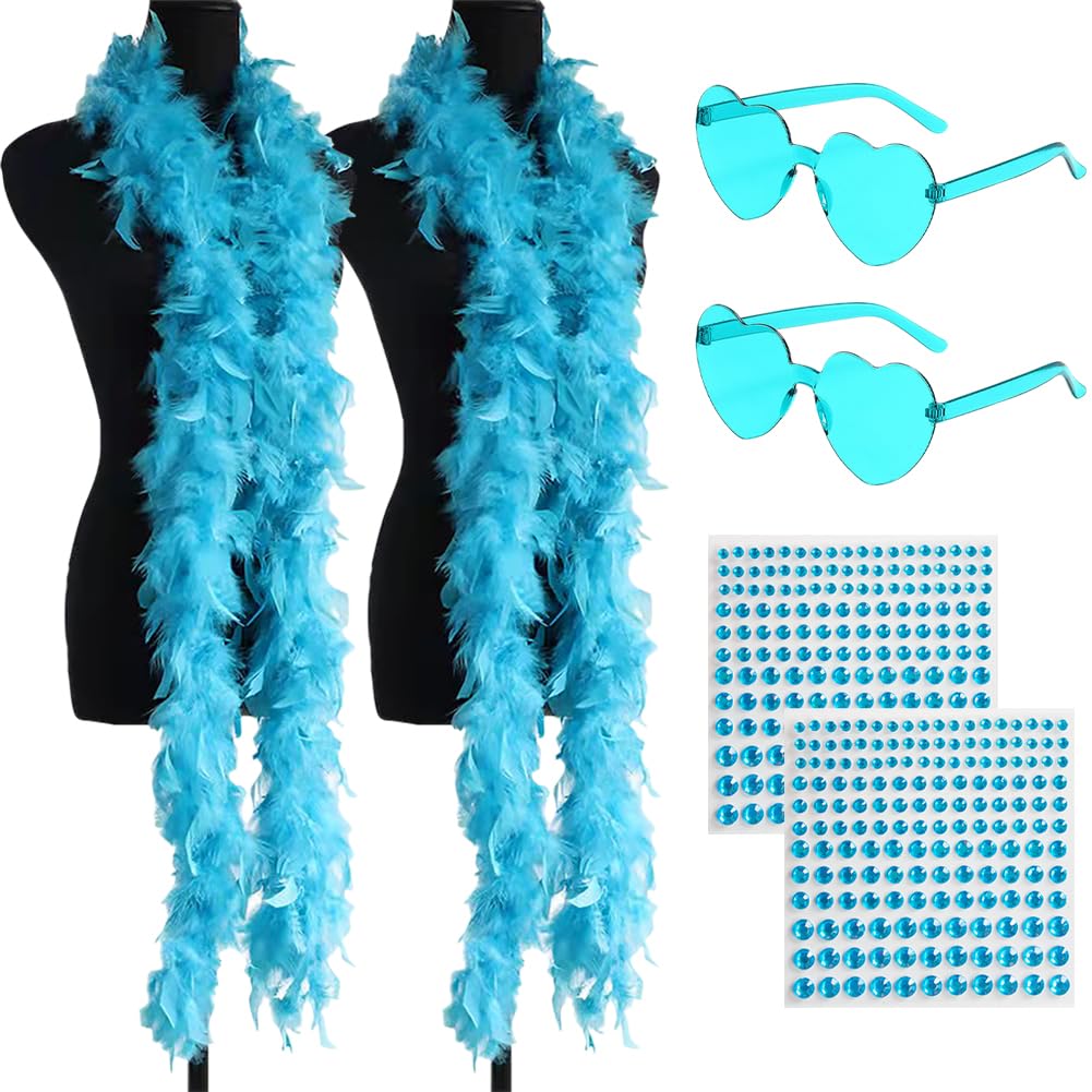 FSSTUD 2 Pcs 2m Blue Turkey Feather Boa Extra Long Feather Boa Fancy Feather Boas with 330 Pcs Small Face Rhinestones Stickers and 2 Pcs Frameless Heart Shaped Sunglasses