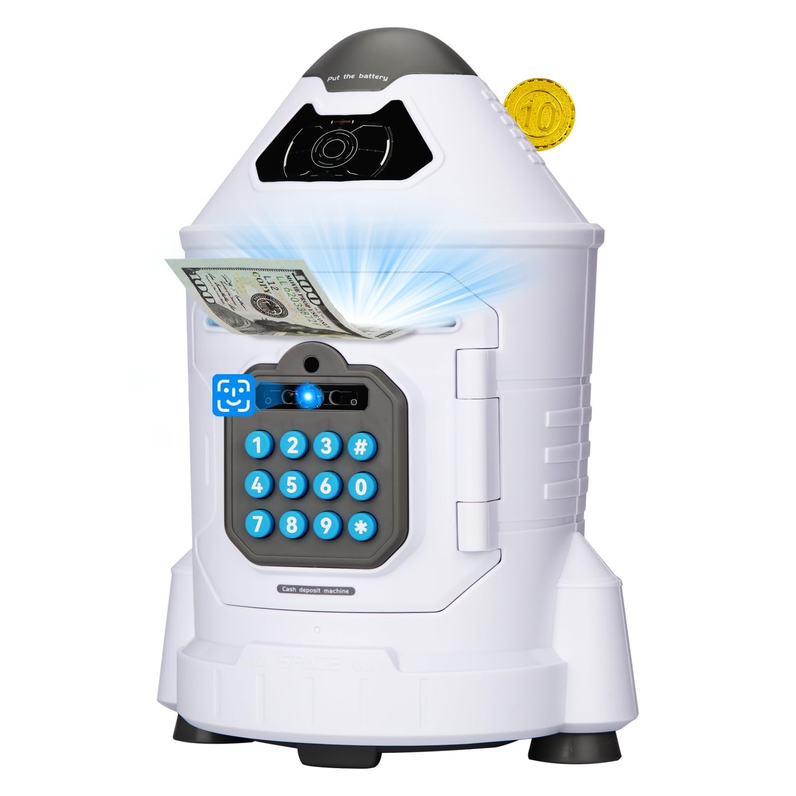 Kids Safe, Electronic Piggy Bank for Boys Girls, ATM Money Saving Box Toy 2024 with Password & Face ID Simulation, Christmas Birthday Gifts for 4 5 6 7 8 9 10 Year Old, Rocket Space Coin Cash Can