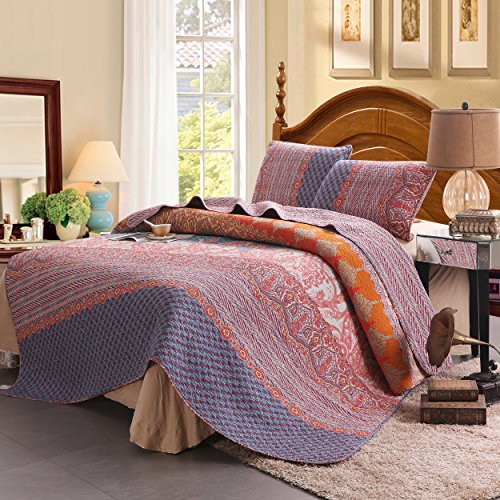 100% Cotton 3-Piece Chic Boho Quilt Set, Reversible& Decorative - Full/Queen Size by Exclusivo Mezcla