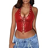 Avanova Women Leather Halter Top Tank Lace Up Corset Bustier Going Out Sexy Crop Top