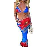 QJQ Women's 3 Piece Sexy Floral Print Bikini Set Halter Triangle Swimsuit with Mesh Maxi Skirt Bathing Suits 2026 Summer