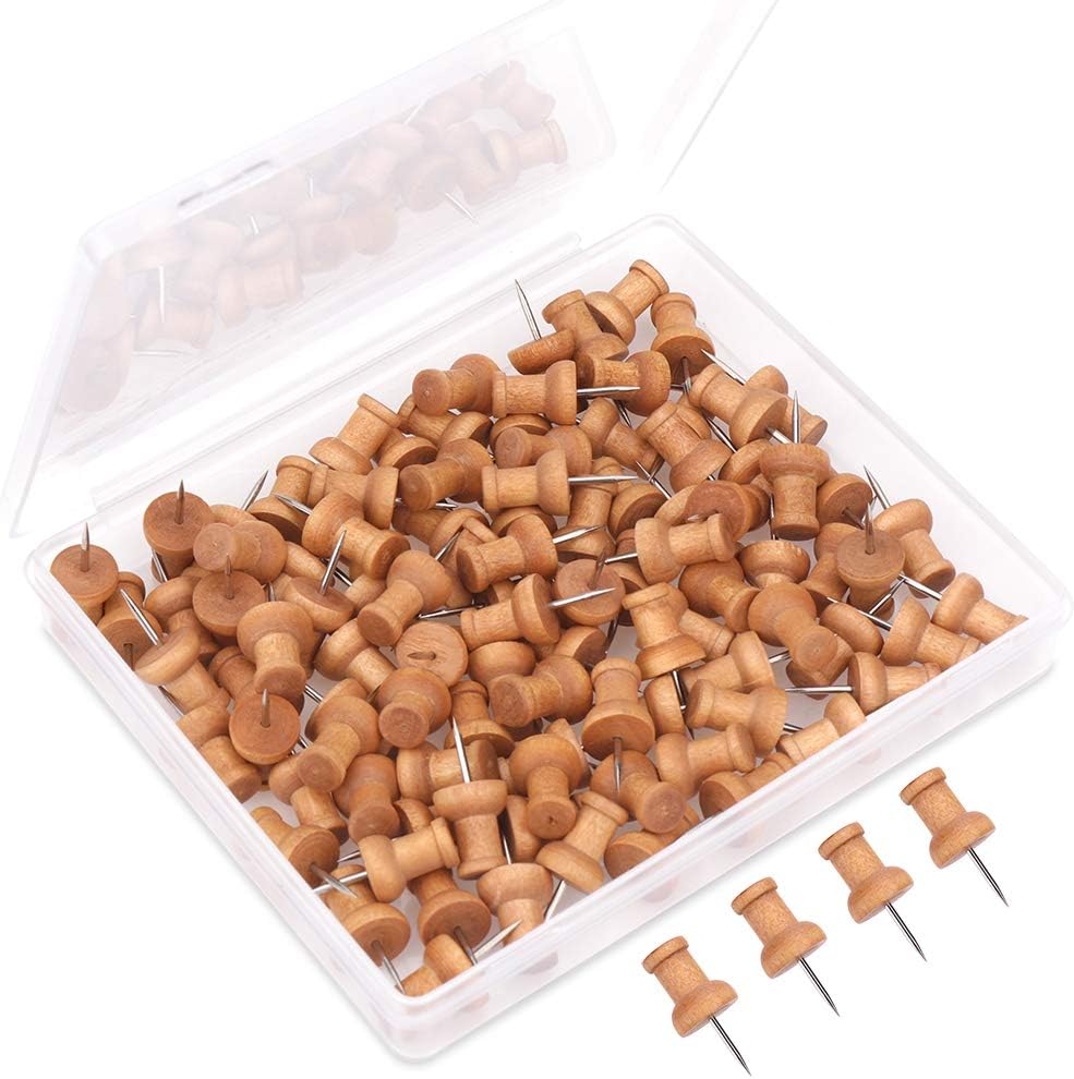 H&S Wood Push Pins 100pcs for Cork Notice Board Thumb Tacks Wooden Map