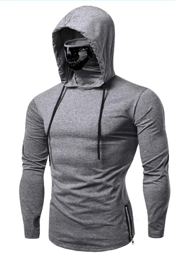 Mens Autumn Mask Skull Pure Color Pullover Long Sleeve Bottoming Hooded Sweatshirt Tops Blouse Outwear
