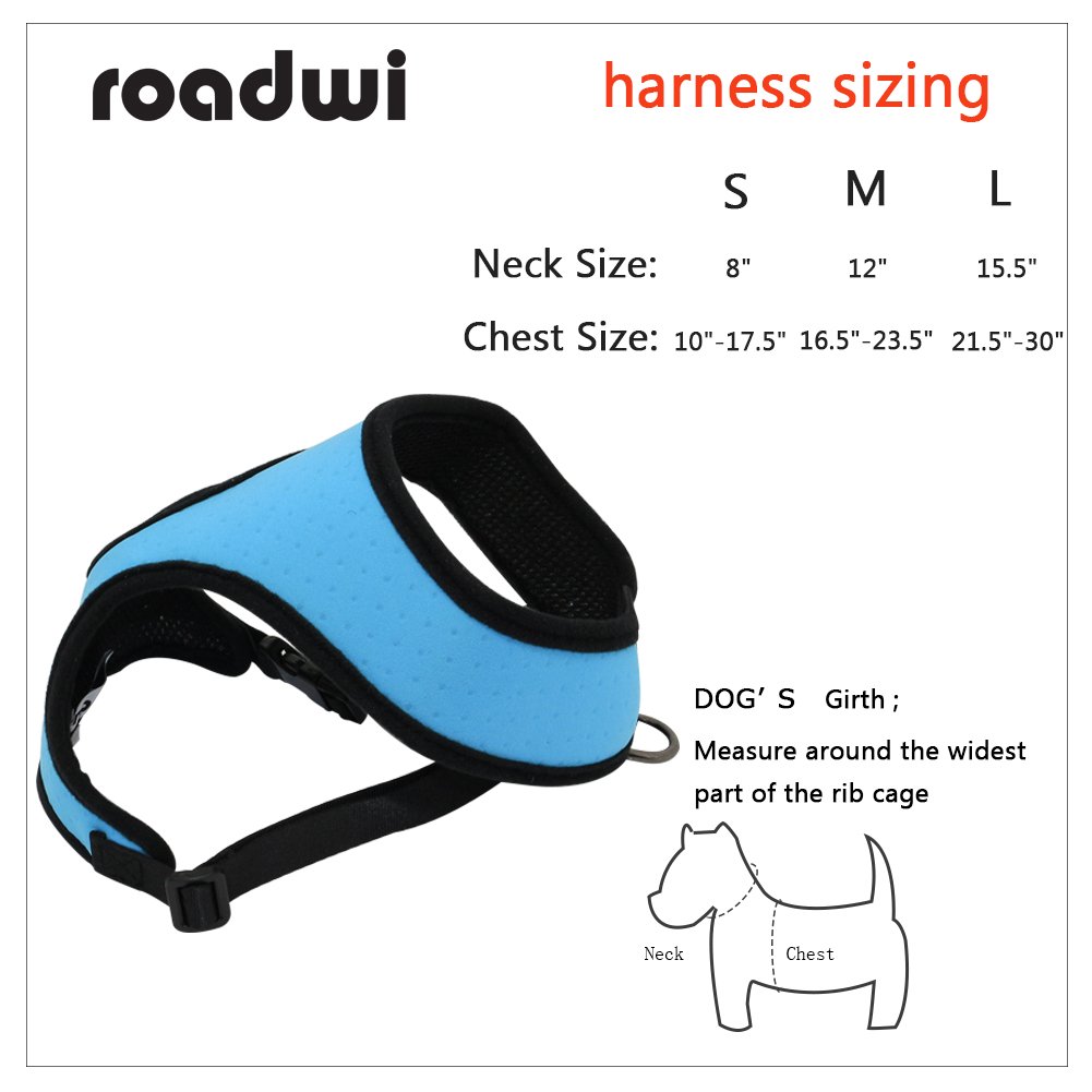 Roadwi Front Range Dog Harness Vest, Adjustable Soft Neoprene Breathable Padded, No-Pull Safety for Walking, Hiking, Training, Running. Neck: 40cm, Chest: 55-75cm (Large, Blue)