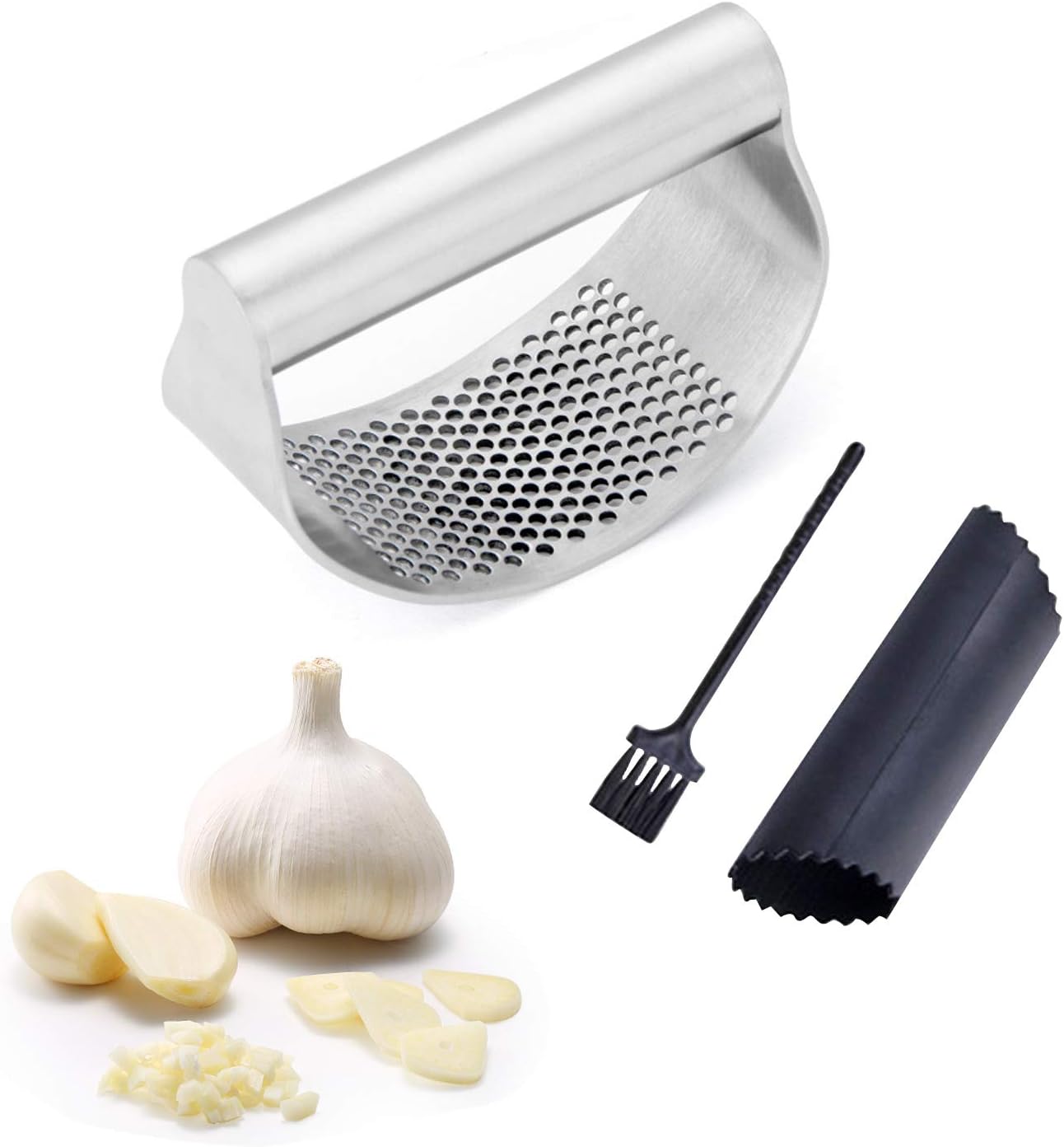 Garlic Press, Stainless Steel Garlic Crusher with Garlic Peeler and Cleaning Brush, Kitchen Garlic Chopper Press Rocker Garlic Press Rocker Garlic Peeler Set