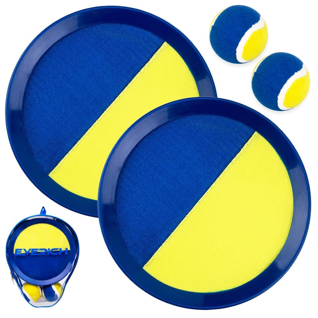 INPODAK Toss and Catch Ball Set, Ball and Catch game, Children Bat Balls Catcher Set, Beach Toys Garden Games for Kids 3 4 5 6 7 8 Years Old Blue Yellow