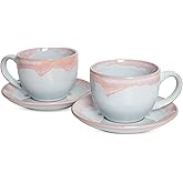 Bosmarlin Ceramic Cappuccino Cup and Saucer Set of 2, 9 Oz, Coffee Cups for Latte, Espresso, Tea, Dishwasher and Microwave Safe, Reavtive Glaze (Purple)