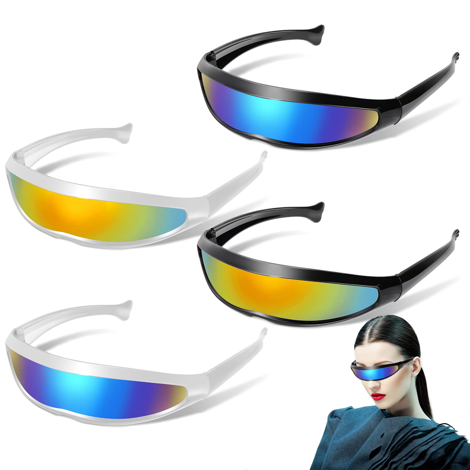 SelfTek 4 Pack Futuristic Glasses Narrow Cyclops Shape Sunglasses White Black Frame Mirrored Lens Cosplay Costume Glasses Cool Party Space Glasses Funky Eyewear for Men Women