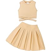 YOURUIKEY Cute Clothes for Girls Crisscross Crop Tank Top Pleated Skirt Tween Girl Trendy Summer Outfit Kid Clothing Set 7-14