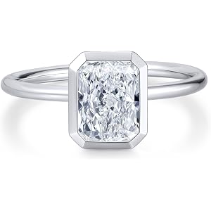 Radiant Cut Moissanite Engagement Ring for Women, Bezel Set Solitaire Ring | D Color VVS1 925 Sterling Silver 14K Gold Plated