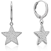 925 Sterling Silver/Gold Star Rhinestone Hoop Dangle Earrings for Women
