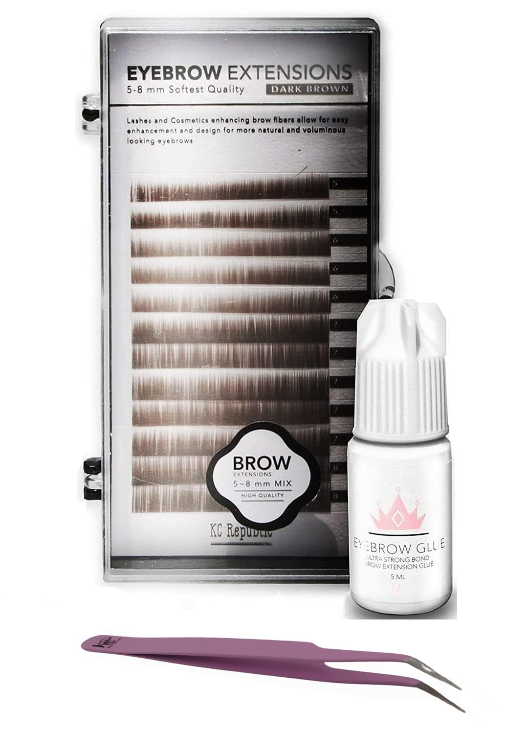 Photo 1 of Eyebrow Extensions Kit with 1 x Trays of Mink Eyebrows in Dark Brown Comes on Mixed Length Trays 5-8 mm Mix, Eyebrow Extension Glue Clear & Extension Tweezers (Dark Brown, Violet Tweezer)