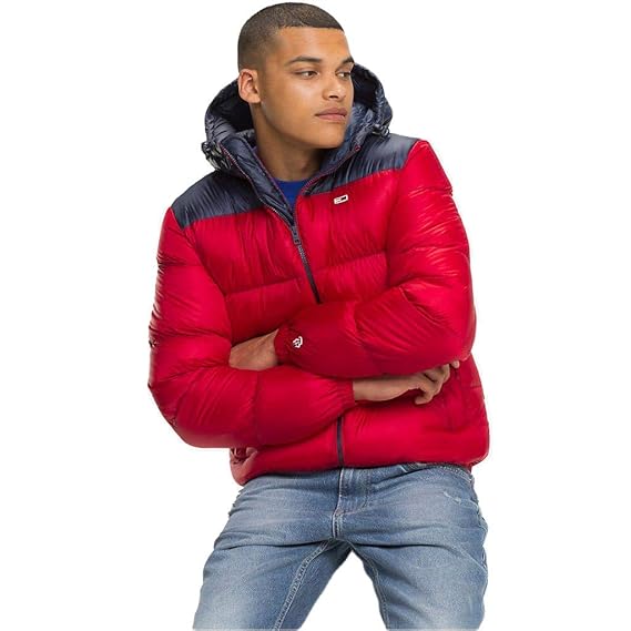 tommy hilfiger men's classic hooded puffer jacket red white blue