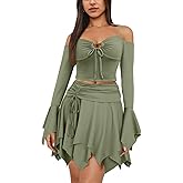 PRIVIMIX Women 2 Piece Skirt Set Sexy Fairy Off Shoulder Rave Ruffled Outfits Y2K Fairycore Corset Club Festival Dress