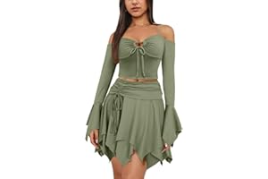 PRIVIMIX Women 2 Piece Skirt Set Sexy Fairy Off Shoulder Rave Ruffled Outfits Y2K Fairycore Corset Club Festival Dress