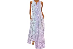 Attine Summer Maxi Dresses for Women Plus Size Boho Floral Dress V Neck Sleeveless Long Dress Casual Holiday Sundress Pockets