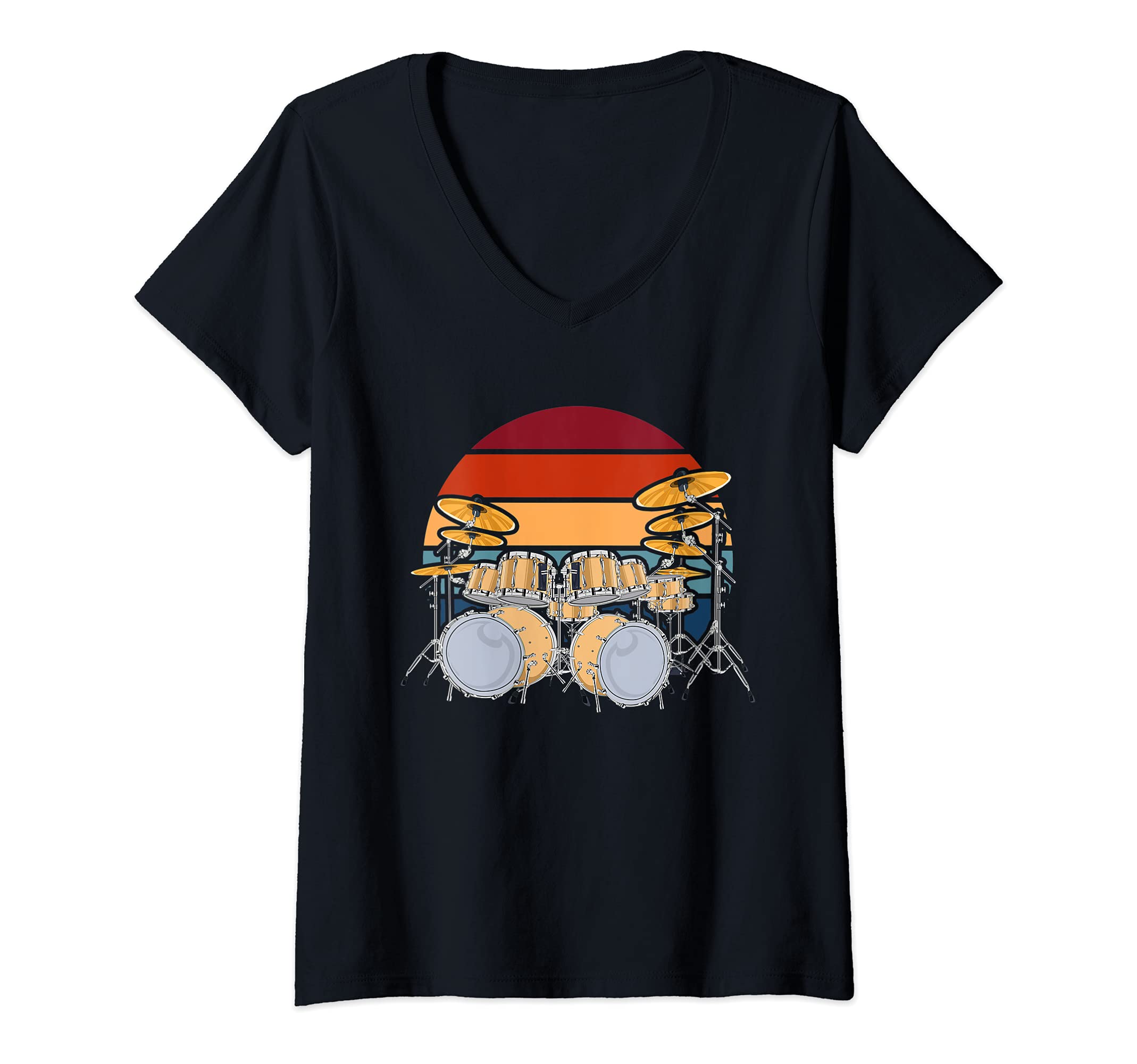 Womens Drummer Rock Music Percussion Musician Drum Set Retro Drums V-Neck T-Shirt
