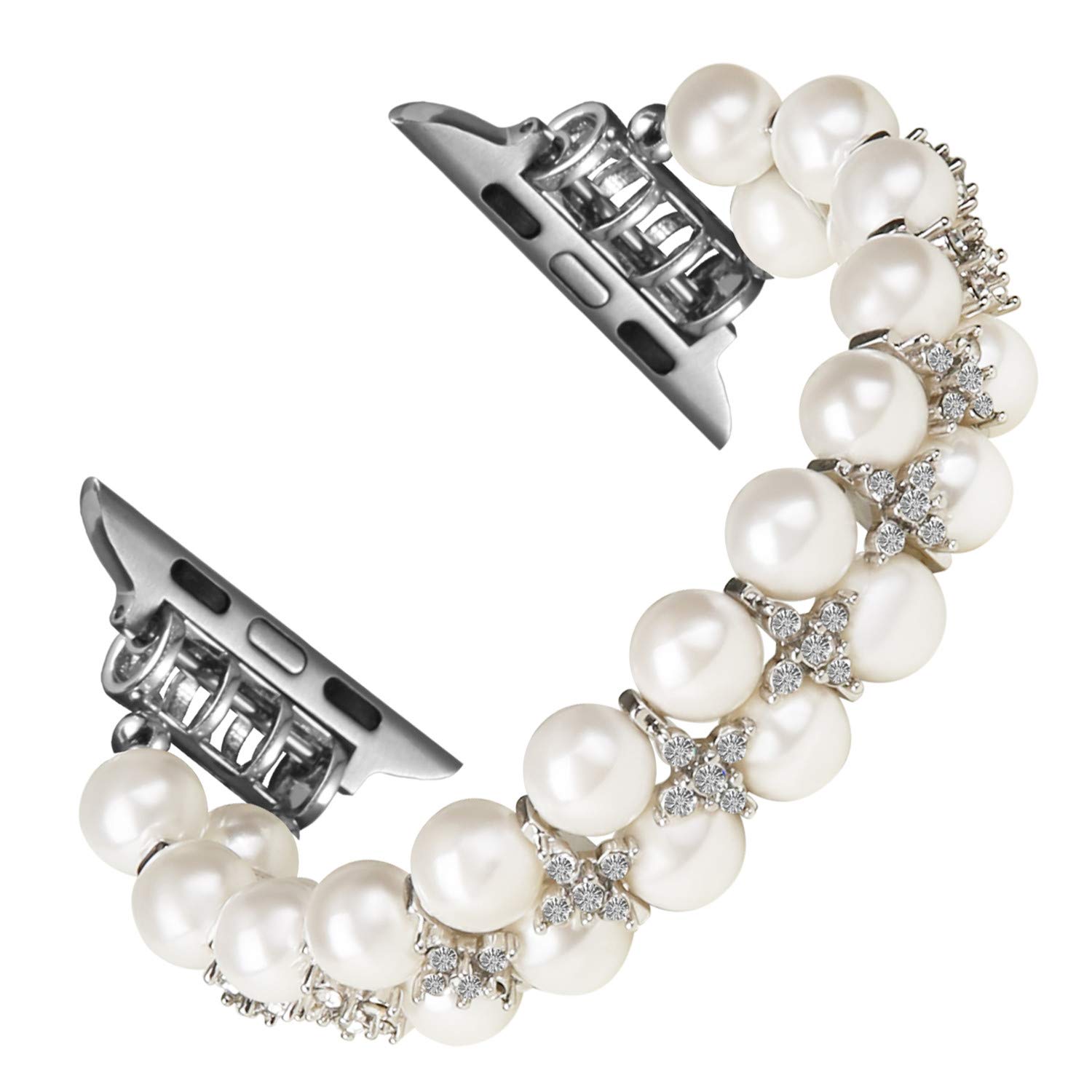 GEMEK Pearl Bracelet Compatible with Apple Watch Strap Women 42/44/45/49mm iWatch Strap Series 9/8/7/6/5/4/3/2/1, Artificial Elastic Stretch Bling Diamond Jewelry Wristband Replacement Band (White) — image 1