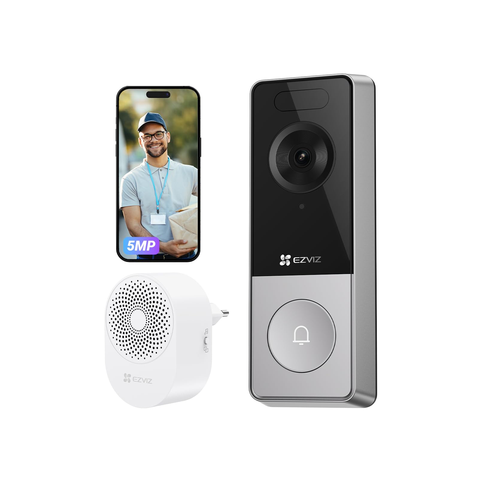 EZVIZ CP8 WLAN Video Türklingel Kabellos mit 3K 5MP Kamera, 9600mAh Herausnehmbarem Akku, Wi-Fi 6, Farbnachtsicht, 162° Weitwinkel, Personenerkennung, Chime, 2-Wege-Audio, Alexa & Google Assistant