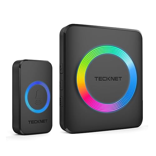TECKNET Wireless Doorbell, IP65 Waterproof Wall Plug-in Cordless Door Chime Kit with 1300feet / 400m Range, 60 Chimes, 5-Level Volume & RGB Light, Best for Plug in Door Entry Bell
