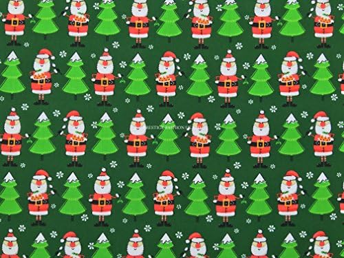 PRESTIGE Christmas XMAS Polycotton Print Fabrics Decoration Crafts Poly Cotton Designs Fabric - Per Metre (New Santa/Trees - Green)