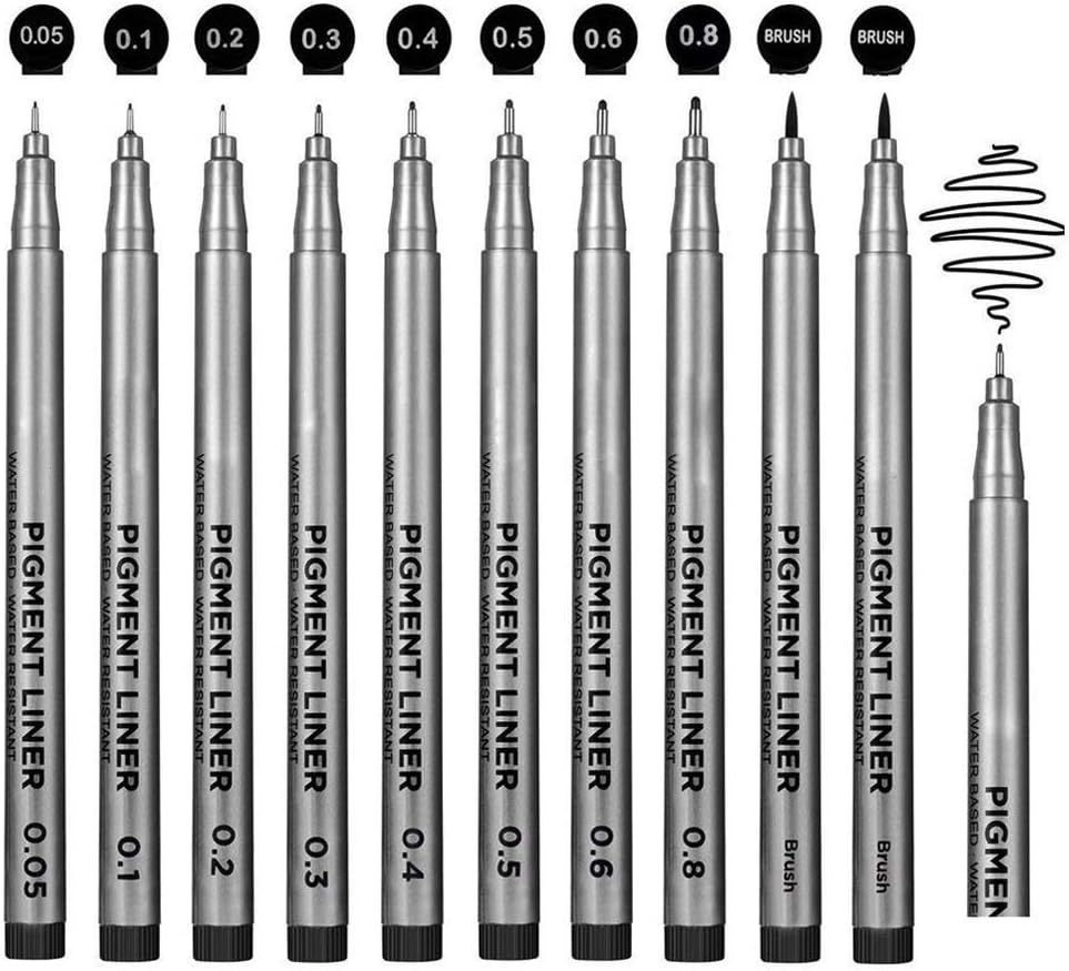 TOMYEER 10 Pack Black Liner Fineliner Drawing Pens with an Extra Handy Felt Wrap