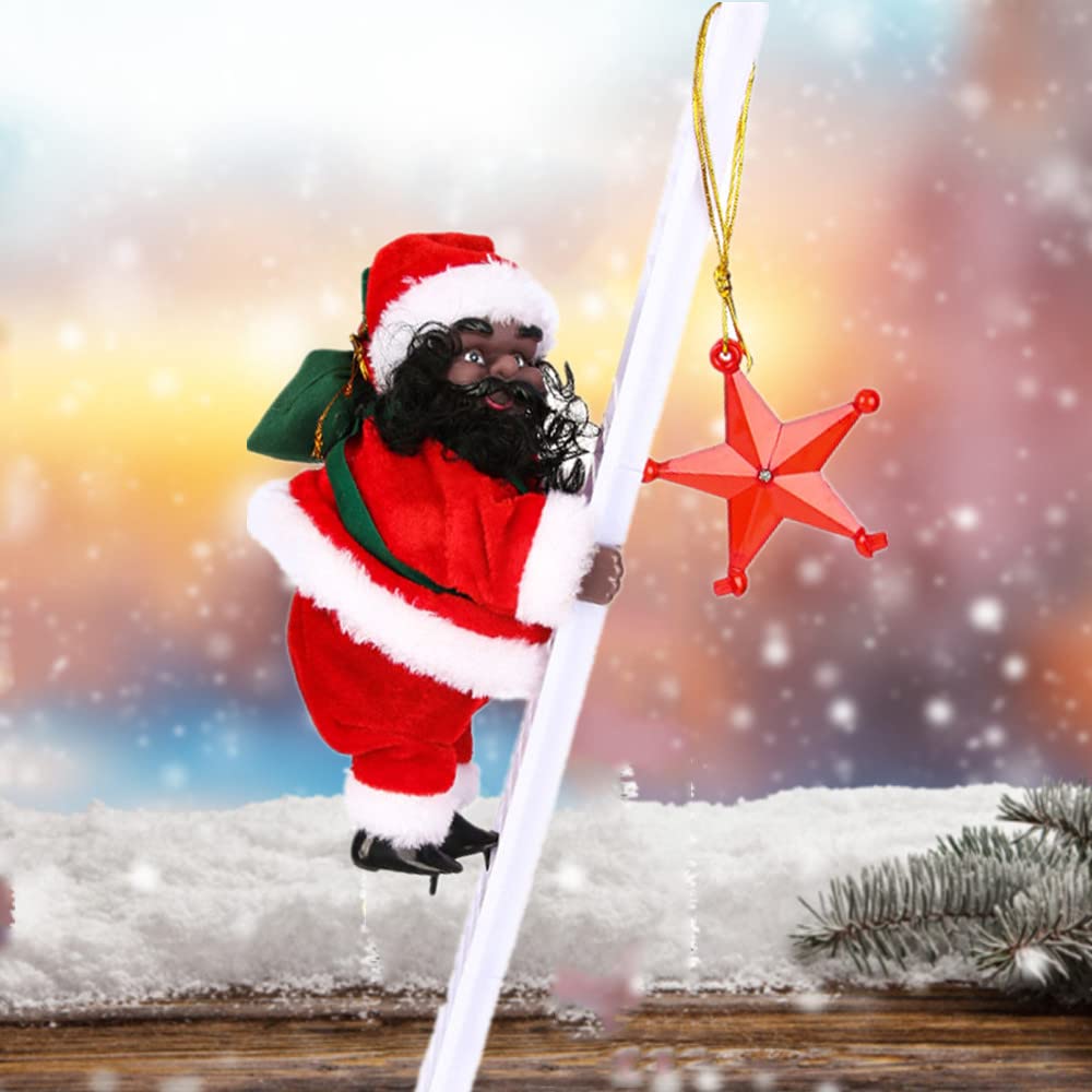 Achort Climbing Ladder Santa Black Face Christmas Electric Climbing Santa Claus Climbing with Music Hanging Decor Xmas Figurine Ornament Indoor Outdoor Decoration for Party Home Tree Door Hanging