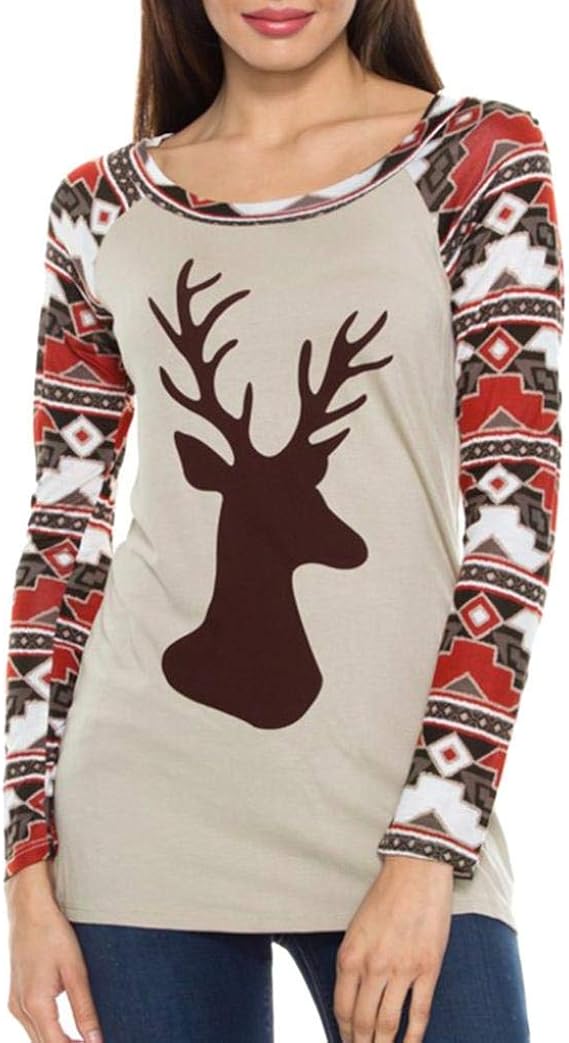 Goosuny Damen Weihnachts T-Shirt Wapiti Gedruckt Rundhalsausschnitt Langarm Pullover Herbst ...