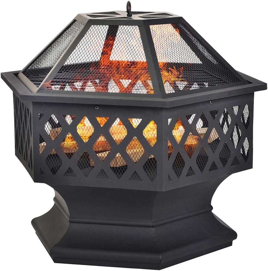 Recaceik Hexagon Outdoor Fire Pit, Heavy Steel Fire Pit with Barbecue
