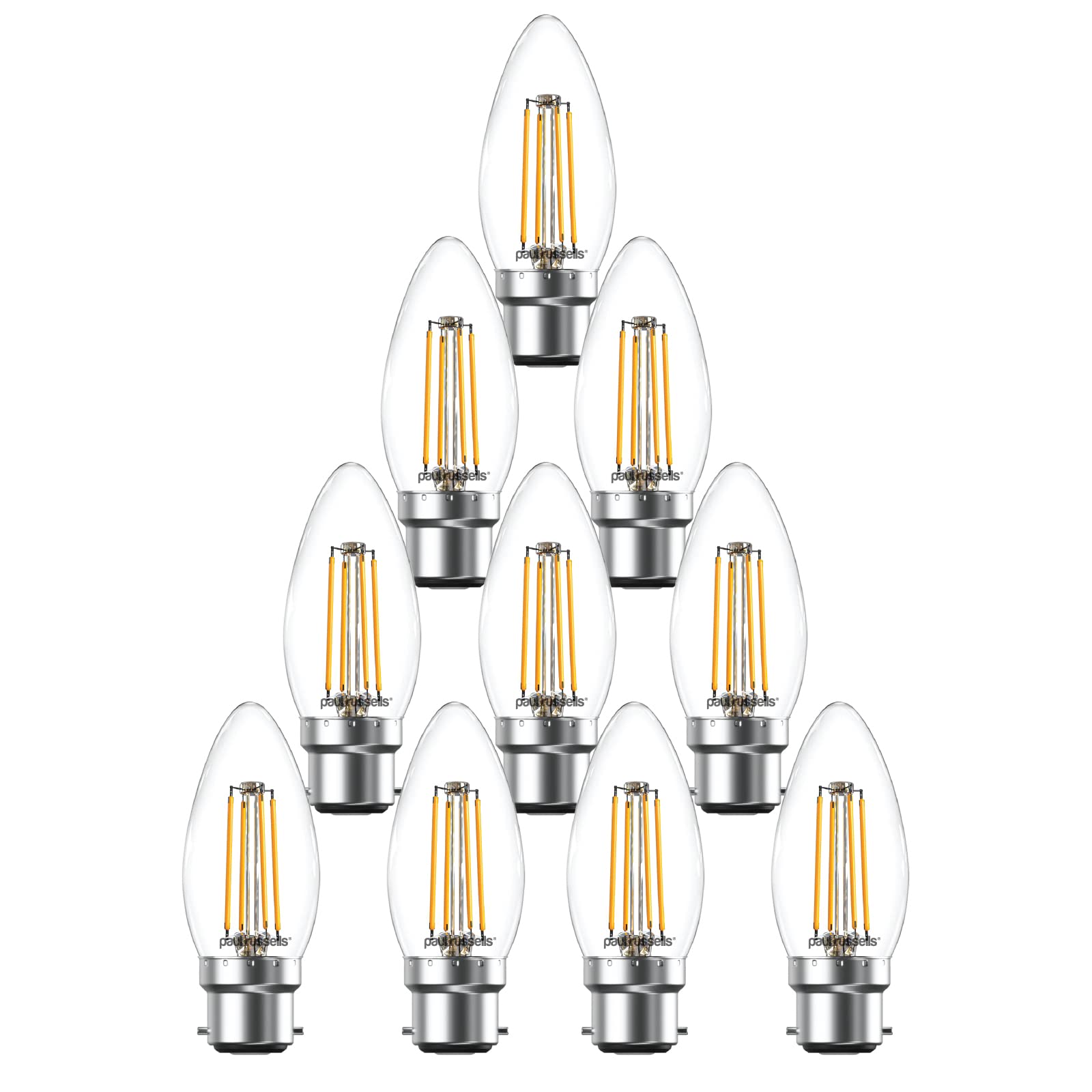 paul russells LED Candle Filament Light – 4.5W 40W Equivalent Replacement, 470LM Lumens, 2700K Warm White, BC B22 Bayonet Cap C35 Bulbs – Bright Energy Saving Non-Dimmable Lamps - Pack of 10