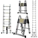 Telescoping Aluminum Ladder 16.5 FT Dual Purpose With Stabilizer - Adjustable Compact Step Climb for Household, RV, Outdoor W