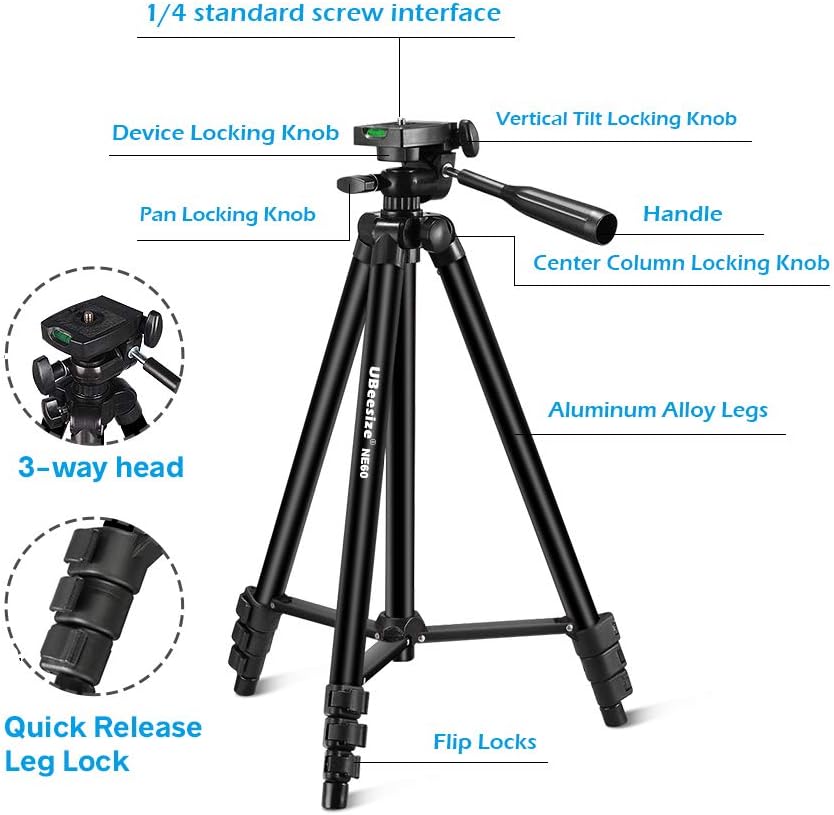 UBeesize 60” Phone Tripod with Carry Bag & Cell Phone Mount Holder for Live Streaming, Extendable Travel Lightweight Tripod Stand with Smartphone Bluetooth Remote, Compatible with iOS/Android: Camera & Photo
