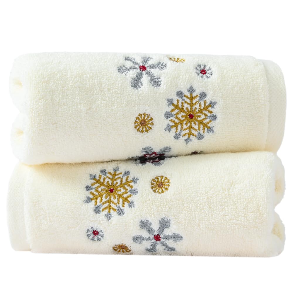sense gnosis White Hand Towel Set of 2 Premium 100% Cotton Thick Ultra Soft Highly Absorbent Snow Embroidered Luxury Christmas Hand Towels for Bathroom Decorative 13 X 29 Inch