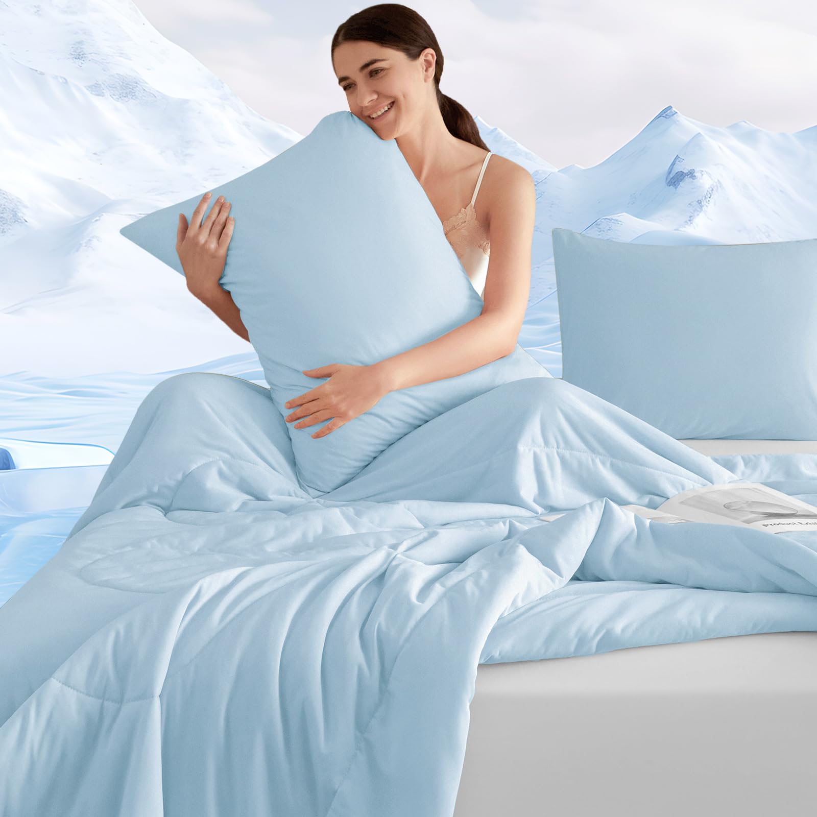 Photo 1 of PHF Cooling Comforter Set King Size, 3PCS Soft Breathable Lightweight Summer Bedding for Hot Sleepers, Silk Smooth Double-Side Cooling Bed Set with 1 Comforter and 2 Pillowcases, Ice Blue