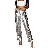 Women's Shiny Metallic Rave Pants Straight Leg Faux Leather High Waist Pants with Pockets for Party Club Streetwear