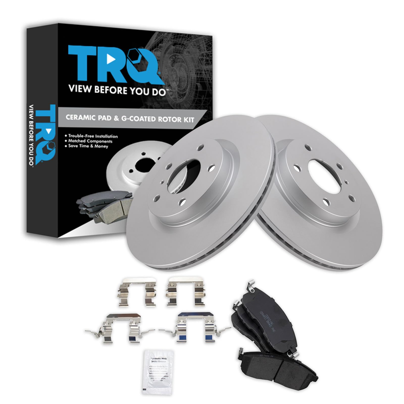 TRQ Front Brake Pad and Rotor Set Ceramic G Coated Rotors Compatible with 2003-2005 Infiniti G35 Nissan 350Z Image