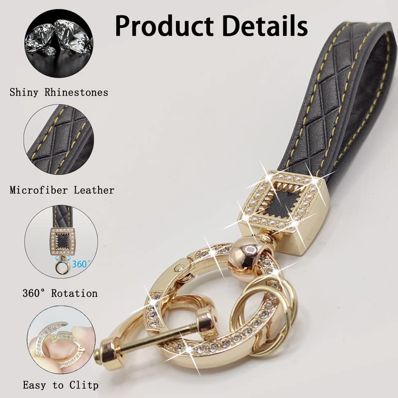 Daemson Microfiber Leather Car Keychain, Bling Diamond Keychains for Women, Universal Car Key Fob Holder with 360 Degree Rotatable, Anti-Lost D-Ring, 2 Keyrings and 1 Screwdriver (Black)